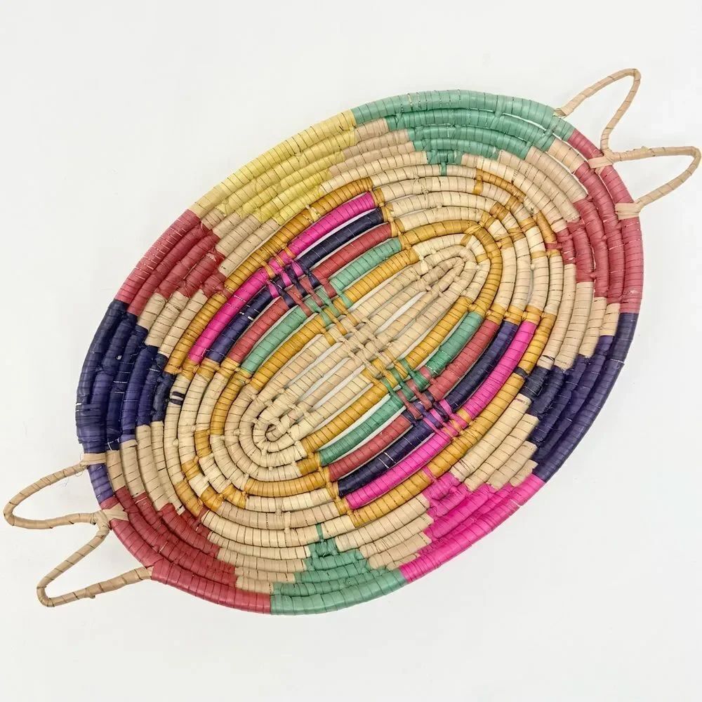 Colorful Woven Straw Oval Tray Basket Global Ethnic Tribal Southwestern